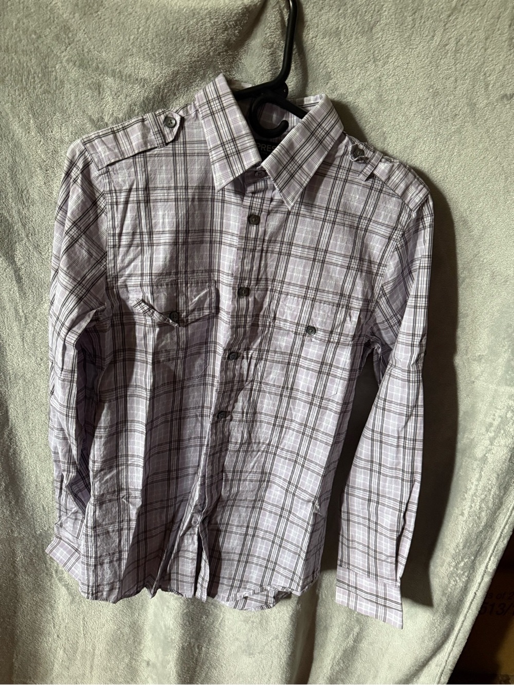 Express Men's Light Gray and White Plaid Button-Down Shirt